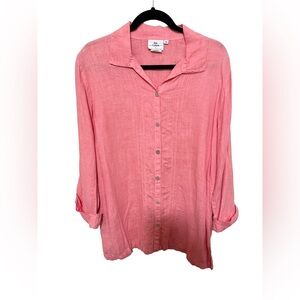 Hot Cotton M 100% Linen Pintuck Button Up Shirt Coral Pink Resort Beach Coastal